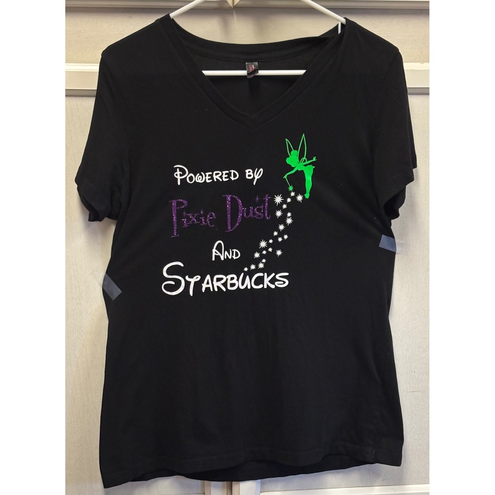 Disney Tinkerbell Powered By Pixie Dust & Starbucks V-Neck Tee